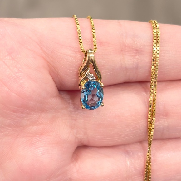 10K Blue Topaz Diamond Pendant: Dainty Small Gold Oval Solitaire Filigree Piece - Picture 5 of 11